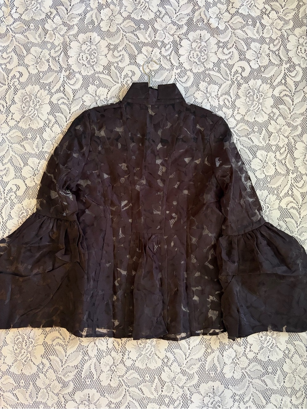 Gracia Black Sheer Burnout Blouse with Tiered Dramatic Bell Poet Sleeves - Picture 5 of 8